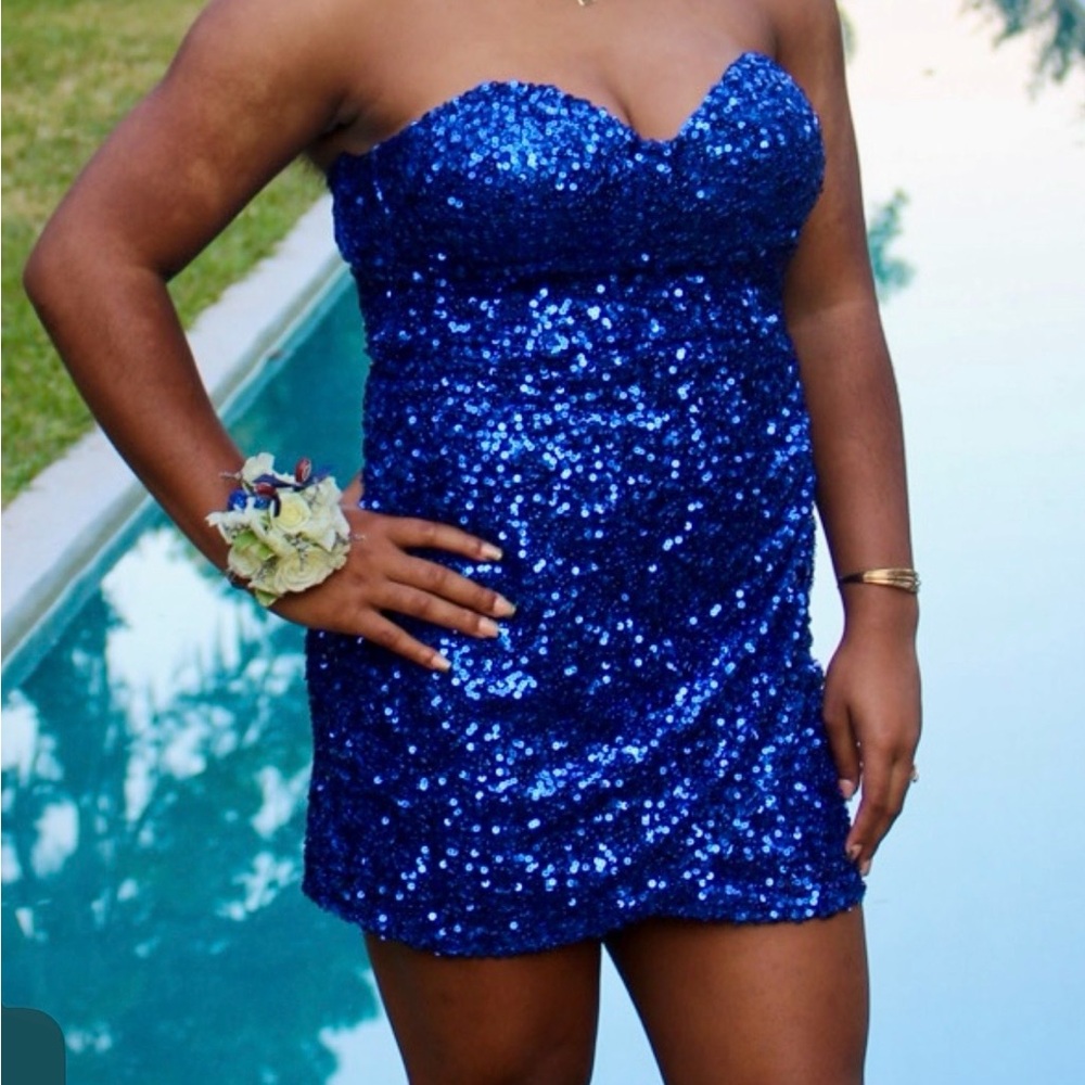 B Darlin Royal Blue Sequin Strapless Mini Dress